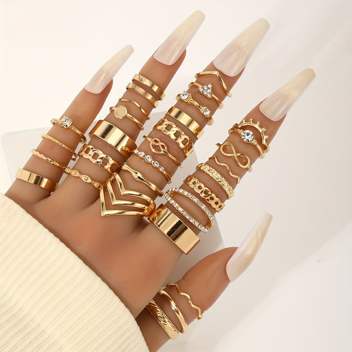 Women's Stackable Rings Set 30 Rhinestone Inlay Infinite Chain Jewelry for Daily Wear