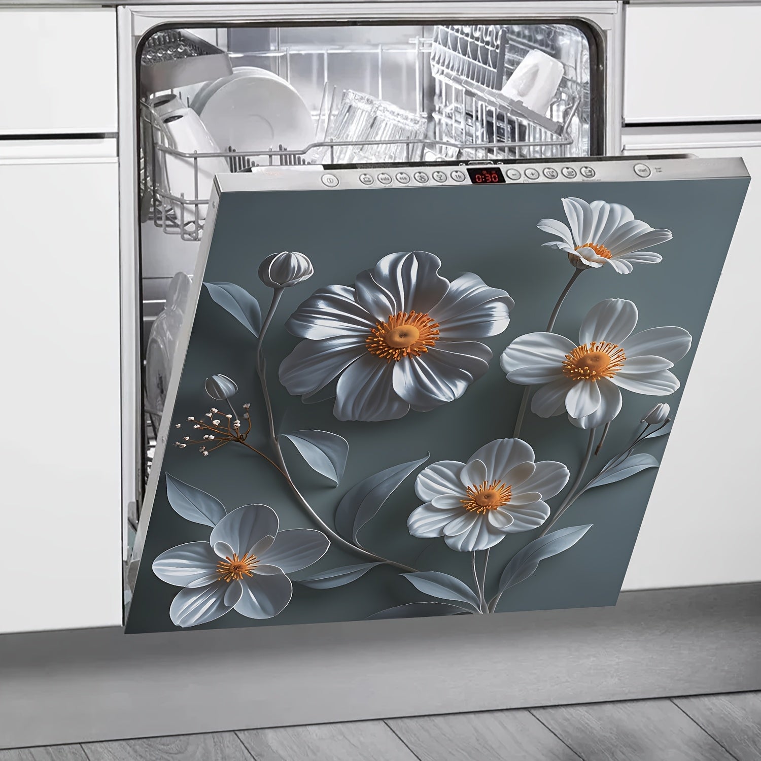 Magnetic Dishwasher Cover Reusable PVC Floral Sticker for Fridge Cabinet White Gray Daisy