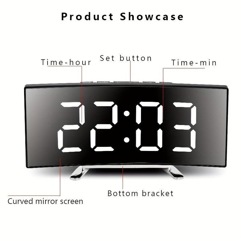 LED Alarm Clock with Curved Mirror Screen and Sleep Temperature for Bedroom Office and School