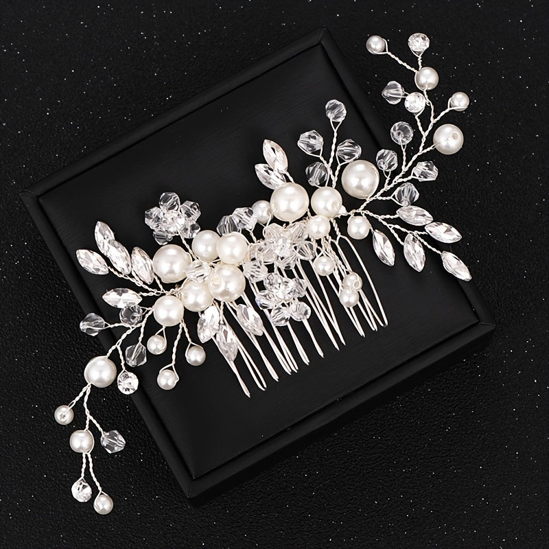 Silvery Hair Comb with Faux Pearls and Rhinestones for Wedding Bridal Hair Accessories