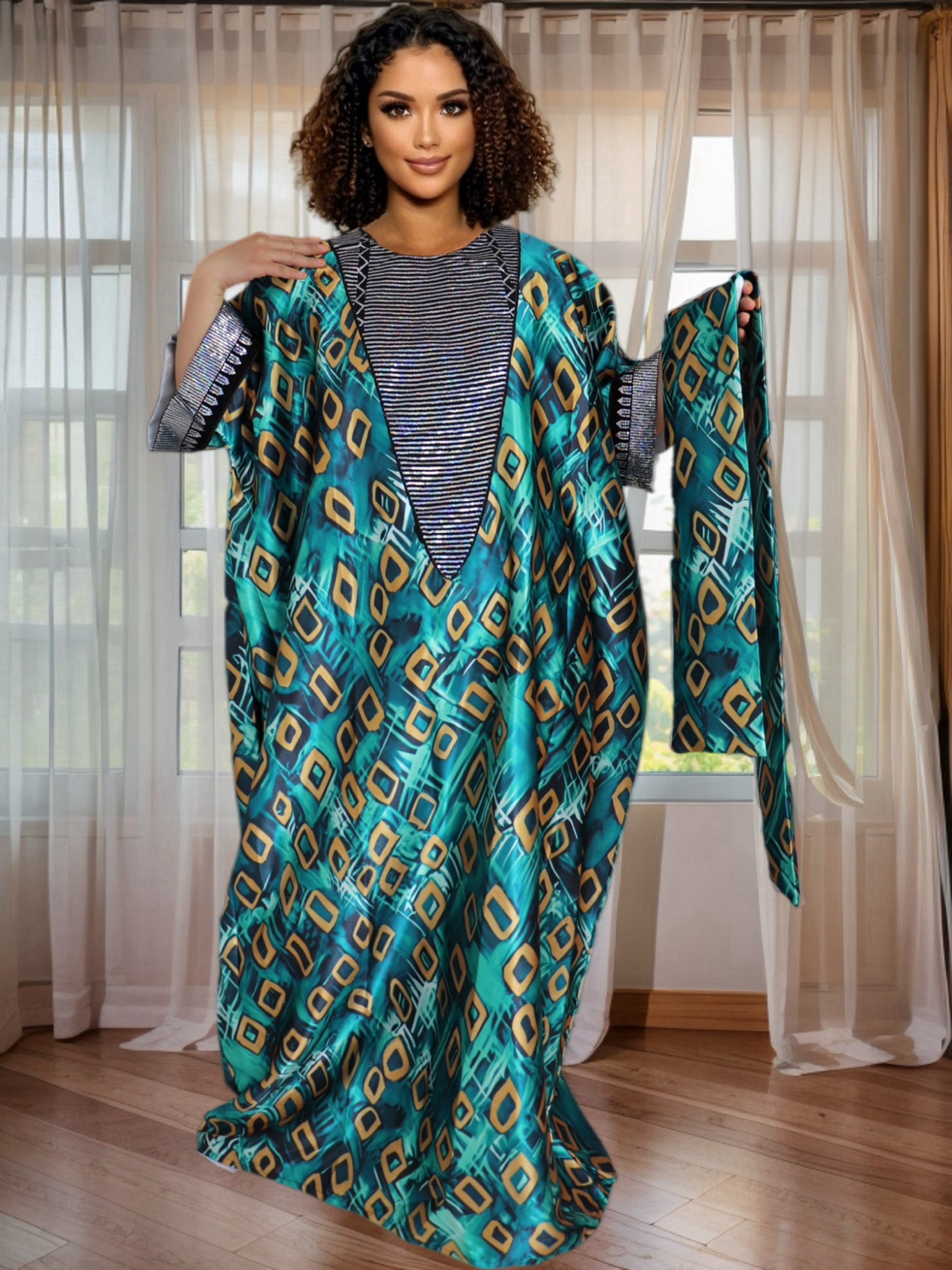 Plus Size African Lady Sequin Printed Satin Long Dress