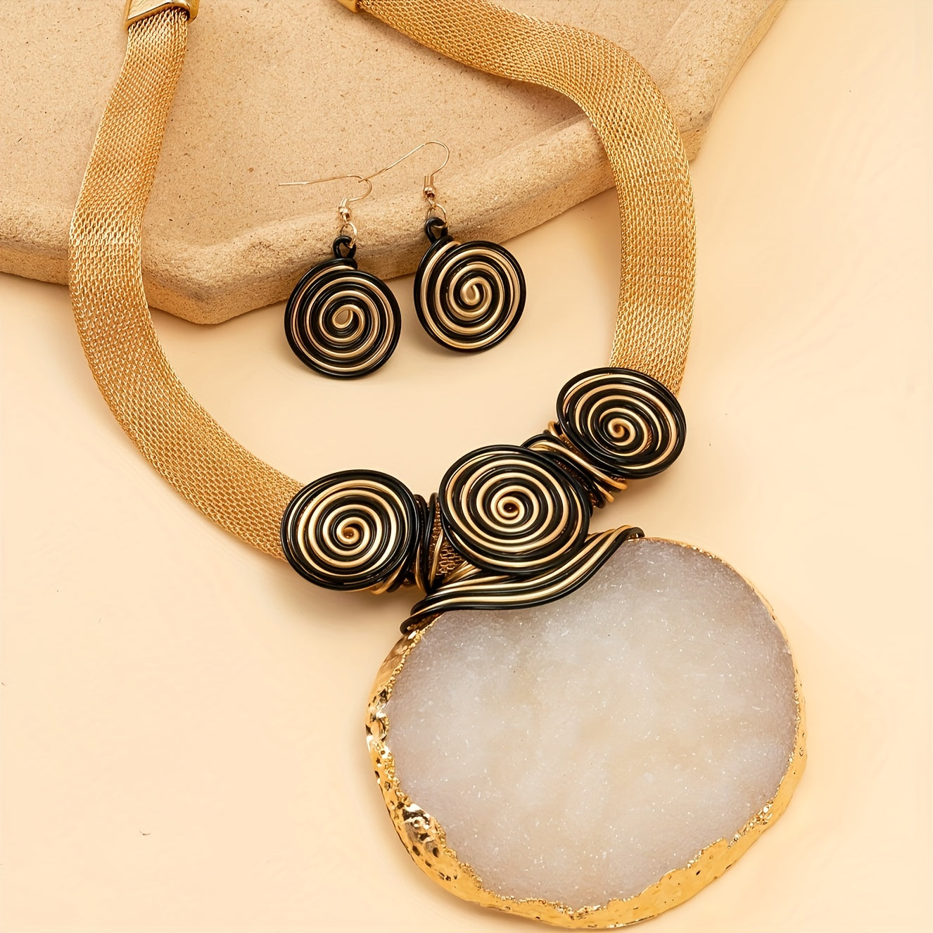 Artisan Jewelry Set Natural Stone Pendant Necklace and Earrings Faux June Birthstone Boho Autumn Gift