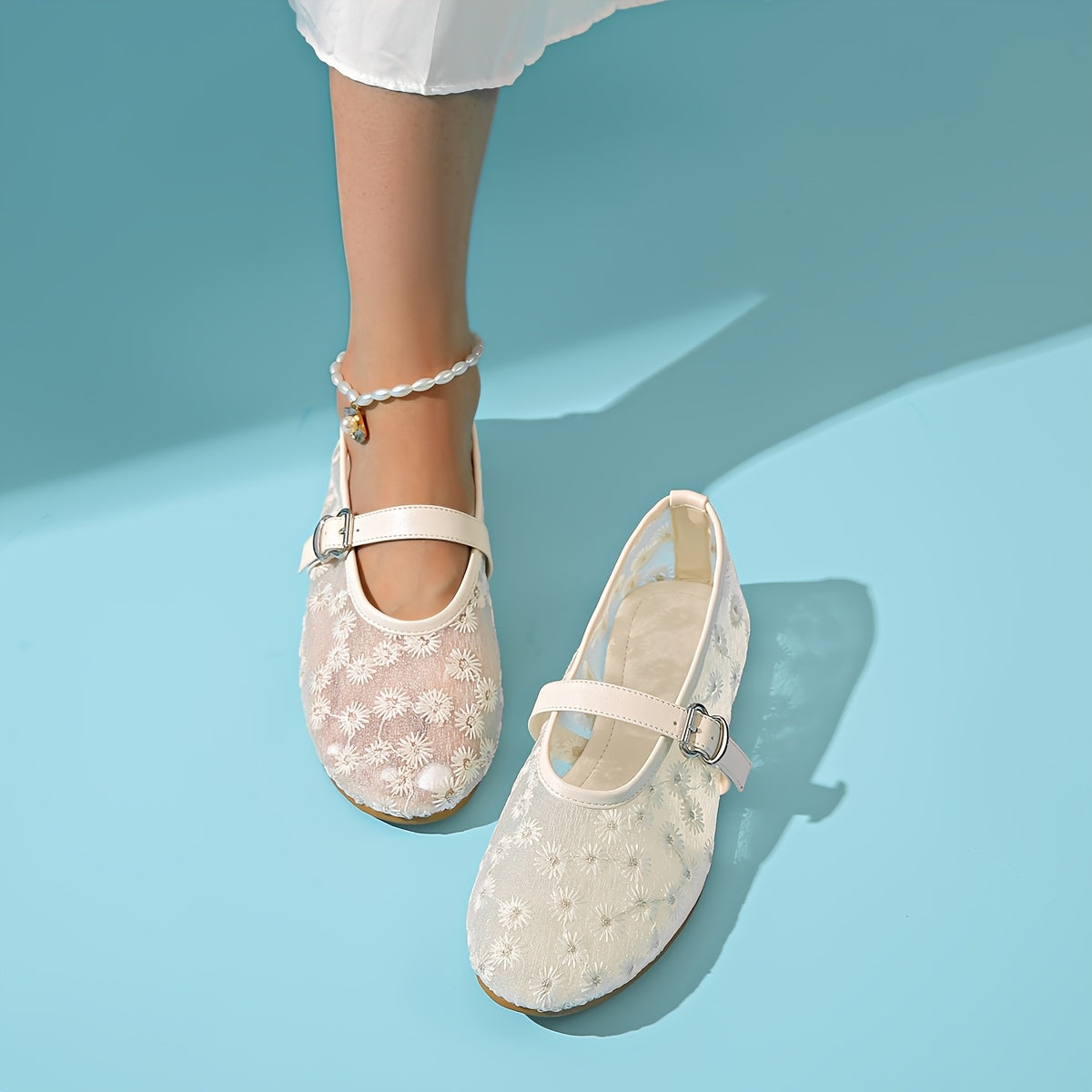 Women's Breathable Mesh Slip-On Ballet Flats with Adjustable Strap  
Lightweight Casual Shoes for All Seasons, White and Pink Embroidery