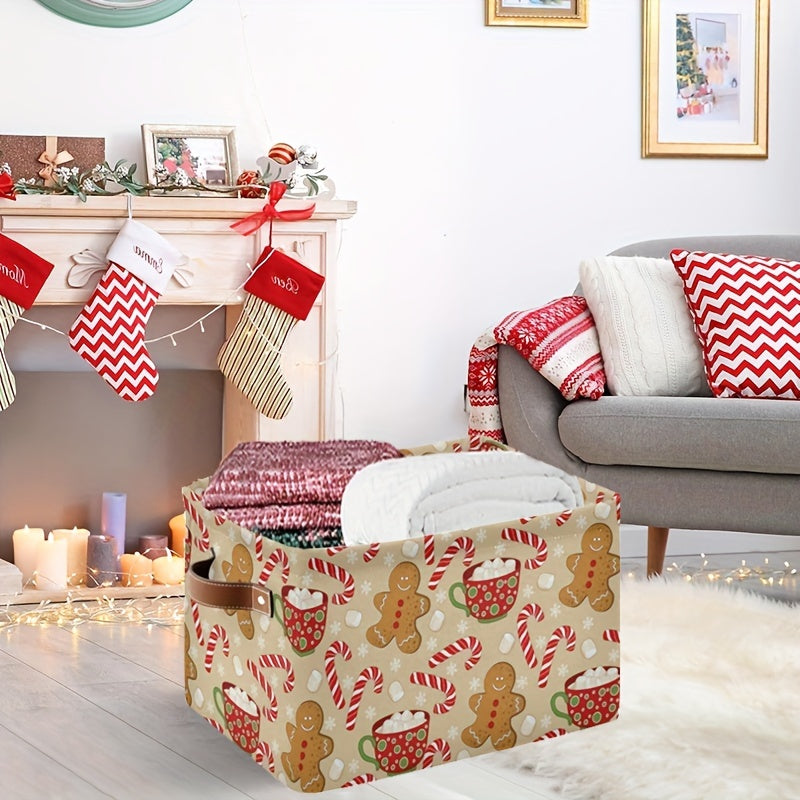 Festive Candy Cane Snowflake Storage Basket Waterproof Canvas Foldable Faux Leather Handle Closet Toy Clothing Organizer