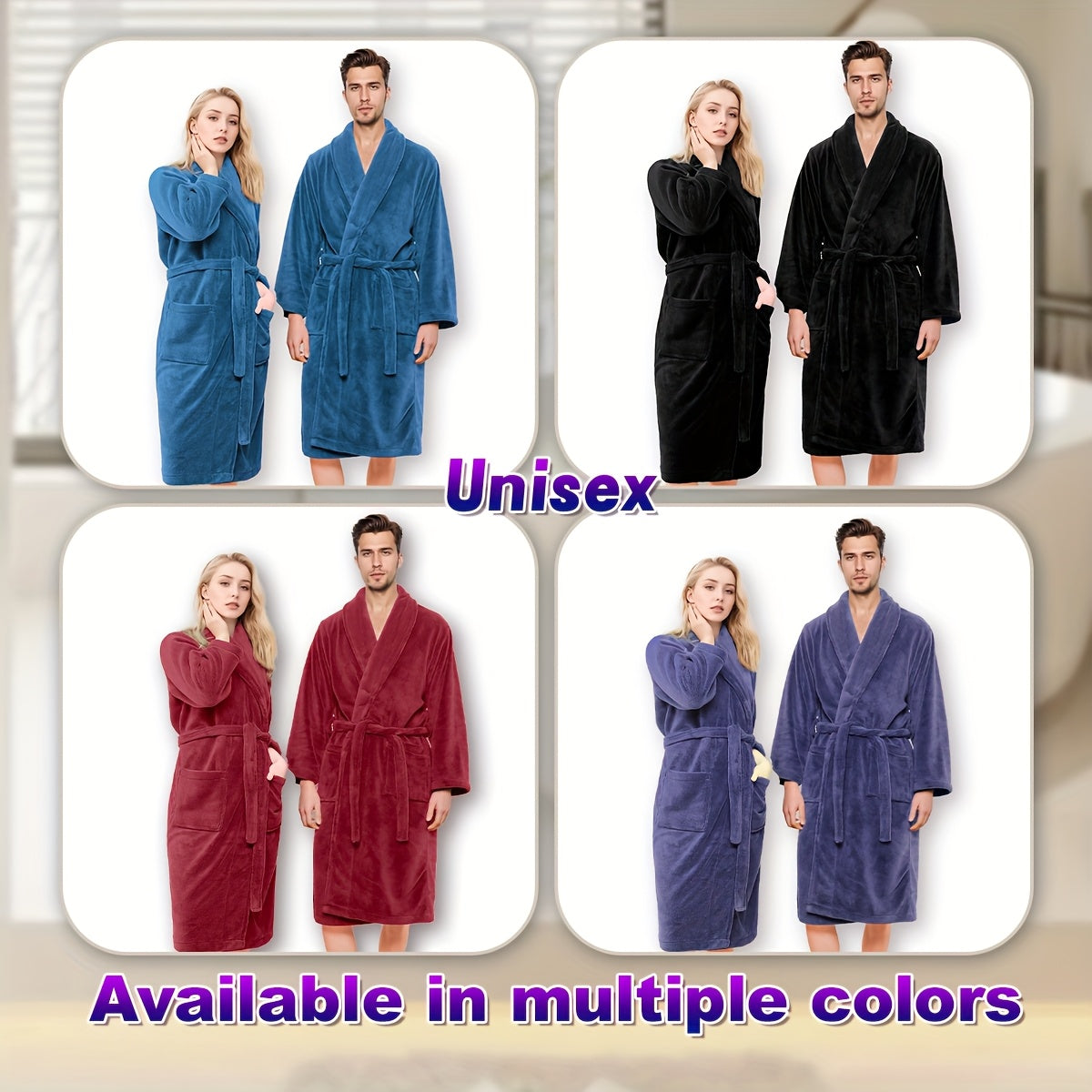 Unisex Fleece Bathrobe with Shawl Collar Soft Machine Washable