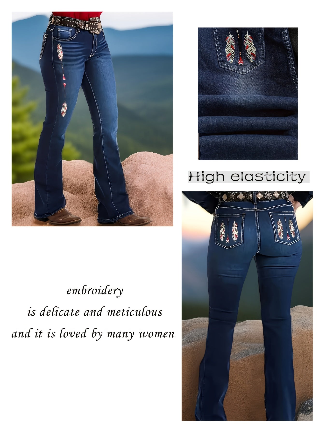 Women's Plus Size Flare Jeans High Stretch Denim Embroidery Casual Western