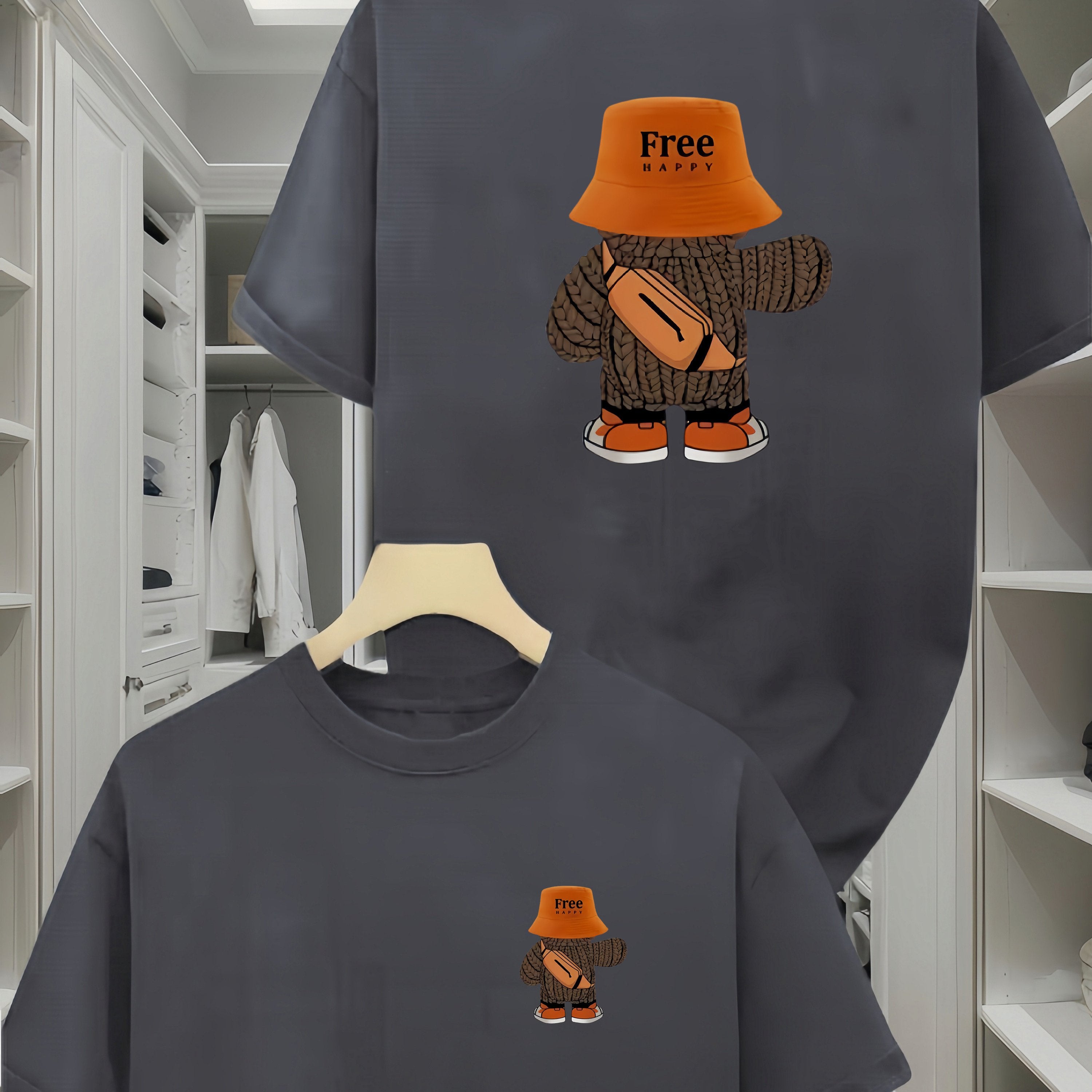 100% paxta erkaklar uchun futbolka, yoqimli rucksack ayiq dizayni bilan, barcha mavsumlar uchun qulay va tasodifiy.