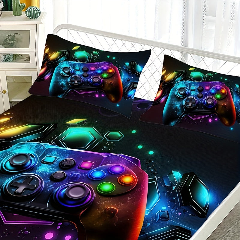 Set of 3 Breathable Gamepad Print Fitted Sheets Mattress Protector Set for Bedroom