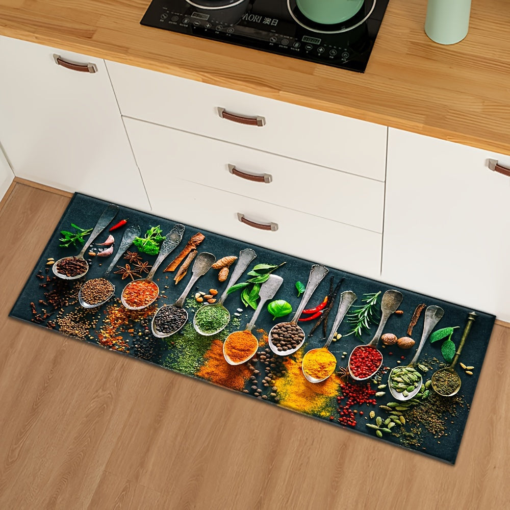 Set of Kitchen Spoons Spices Welcome Mat Non-Slip Bathroom Floor Carpet