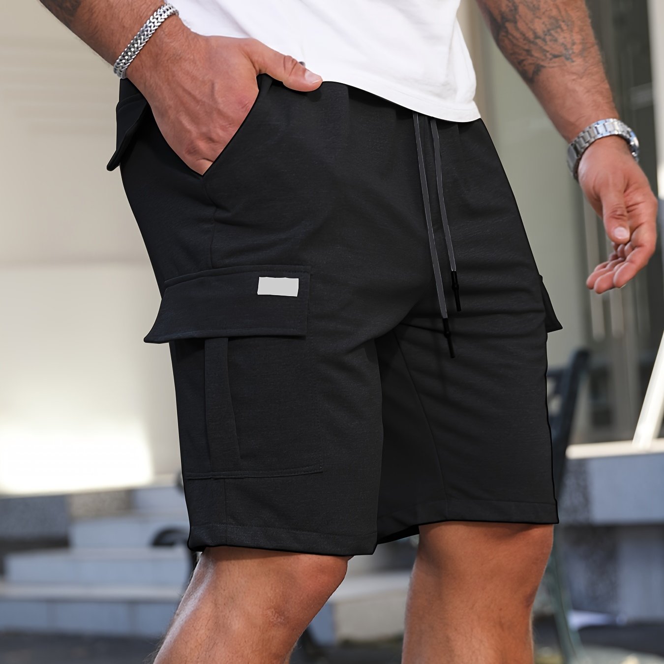 Мужские шорты карго большого размера, лето, свободный крой, полиэстер, однотонные, повседневные