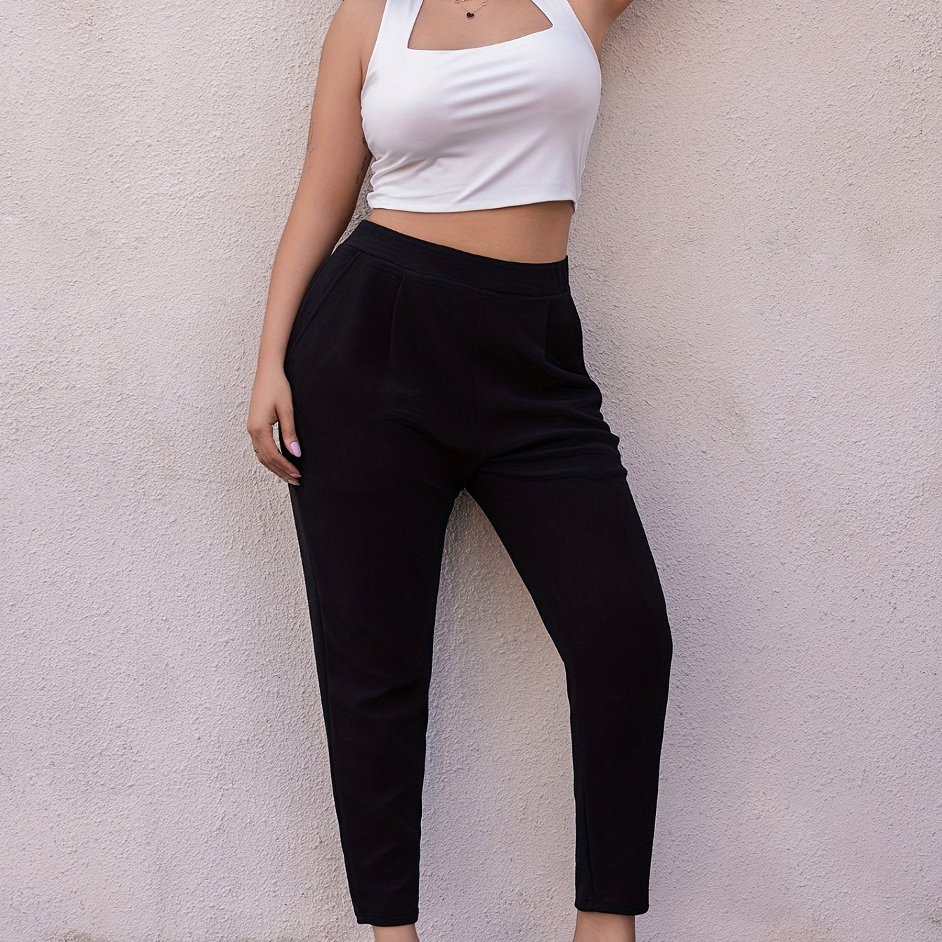 Plus Size Cotton Pleated Tapered High Waist Pants for Women