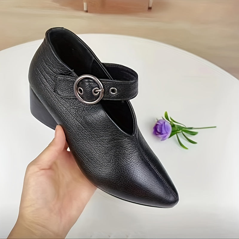 Women's Summer Ankle Strap Heels with Pointed Toe Buckle Closure Water-Resistant Solid Color Low Block Heel