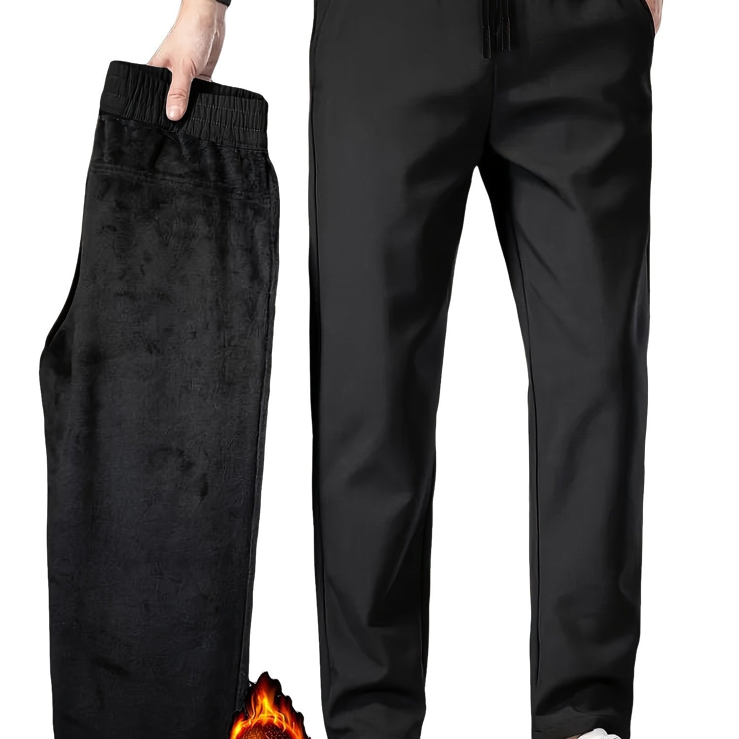 Men's Fleece Lined Windproof Executive Trousers for Fall Winter with Elastic Waist