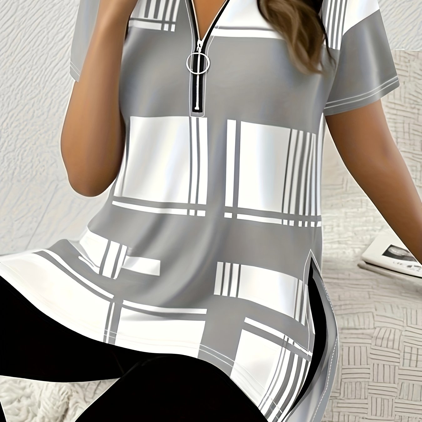 Women's Summer Purple Plaid Short Sleeve T-Shirt with Zipper and Side Slit