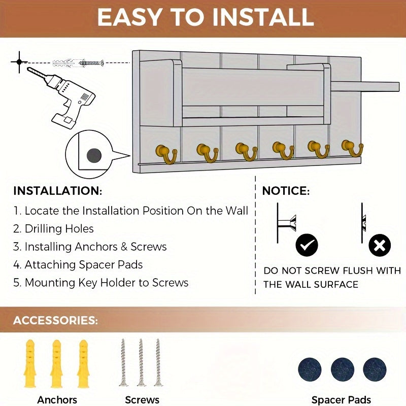 Perchero de pared de madera con organizador de correo y bandeja decoración de estilo rústico