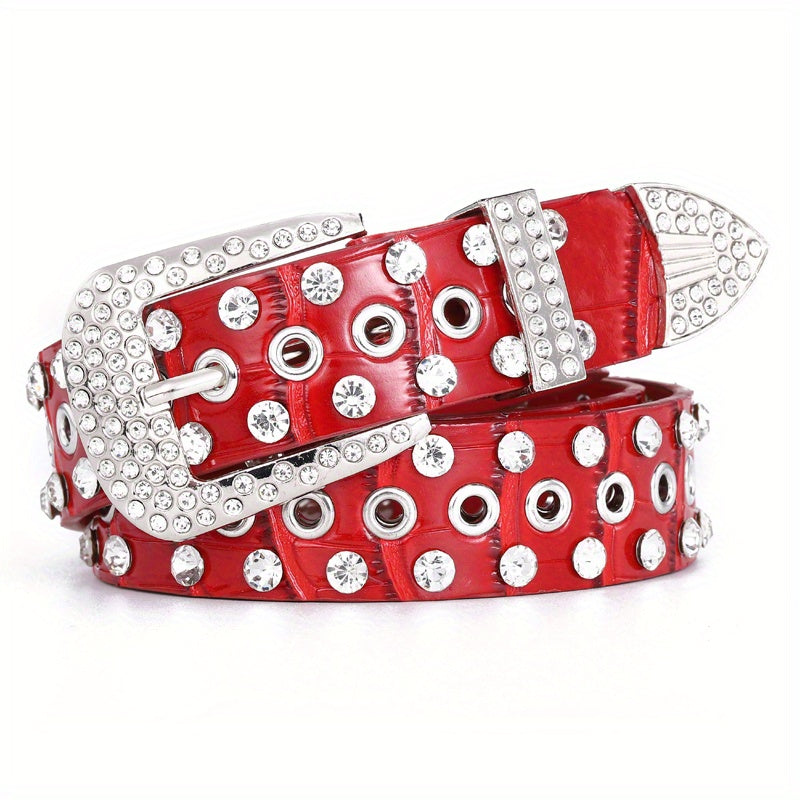 Hollow Out Rhinestone Belt for Women and Men Sparkling PU Leather Cowboy Waist Belt