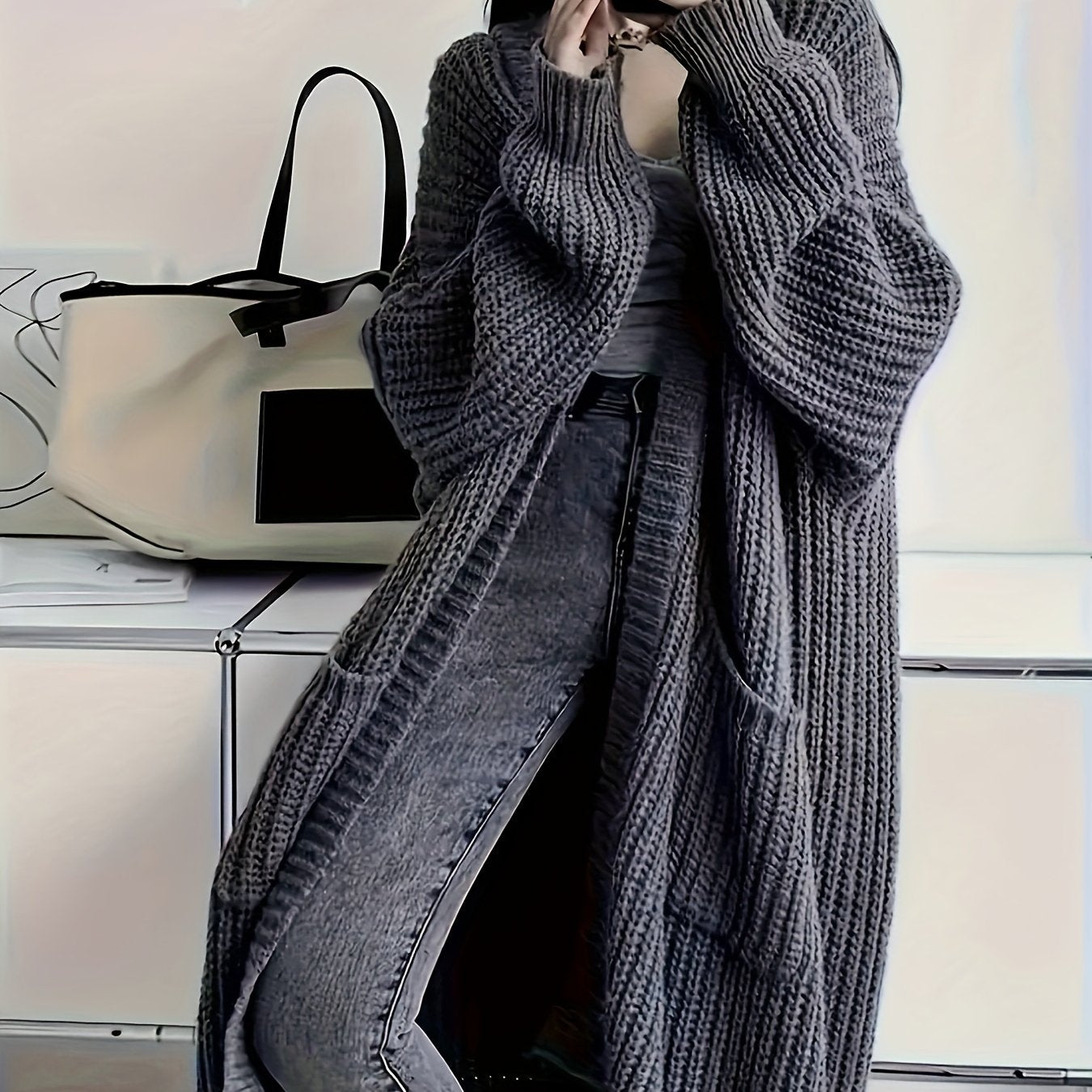 Women's Gray Long Cardigan with Pockets V-Neck Knit Sweater Coat for Fall Winter