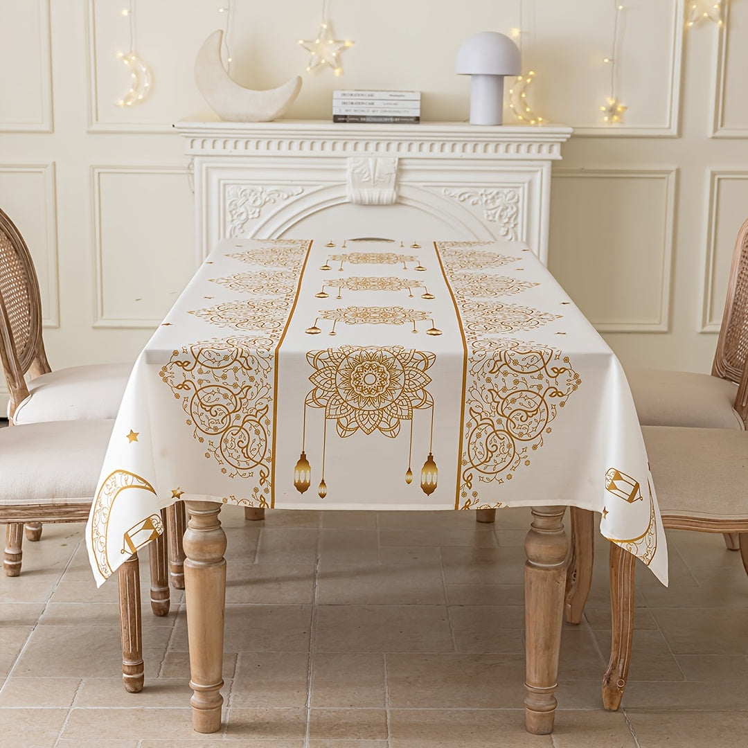 Bohemian Geometric Ramadan Eid Al-Fitr Tablecloth with Golden Moon and Star Design 100% Polyester