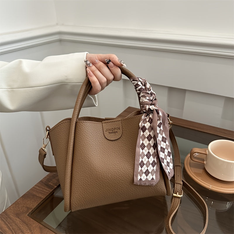 2024 Корейский стиль водонепроницаемый PU плечевая сумка-ведро с регулируемым ремнем в хаки, темно-коричневом, черном