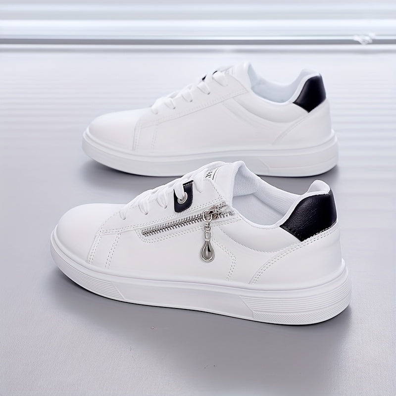 Ladies' Side Zipper Low-Top Flat Shoes, Comfortable Solid Color Walking Sneakers
