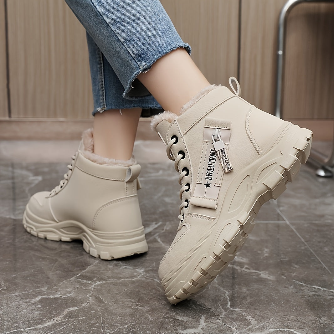 Women's Plush Lined Ankle Boots Winter Warm High-Top Lace-Up Shoes