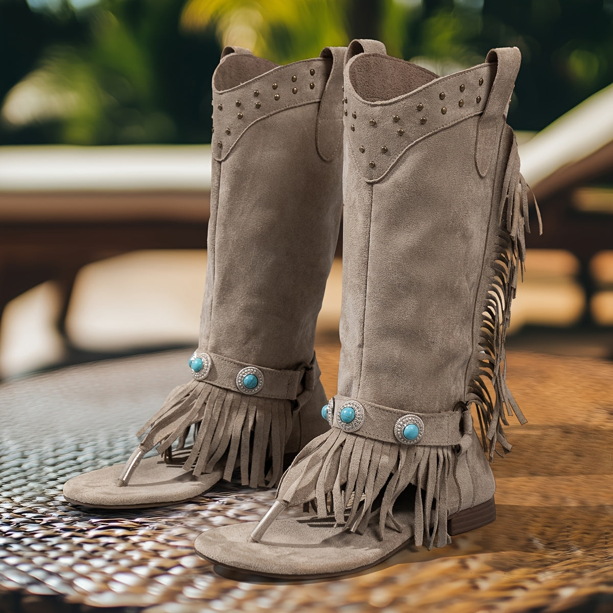 Women's Bohemian Fringe Ankle Boots Open-Toe Summer Sandals Gray
