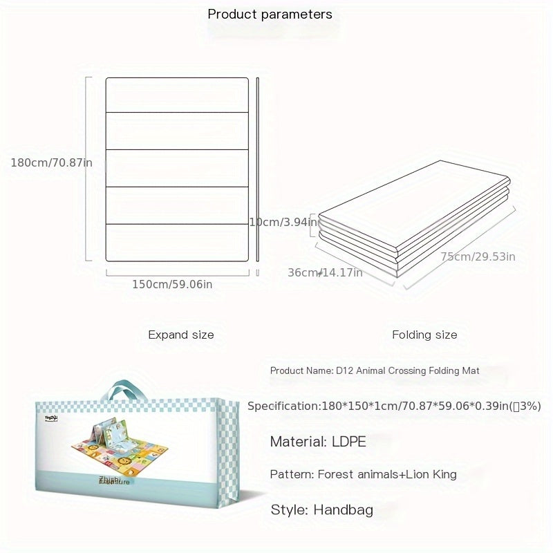 Портативный и складной игровой коврик BabyCare из полиэтилена PE имеет нескользящую поверхность для ползания с дизайном алфавита и животных для использования как в помещении, так и на улице.