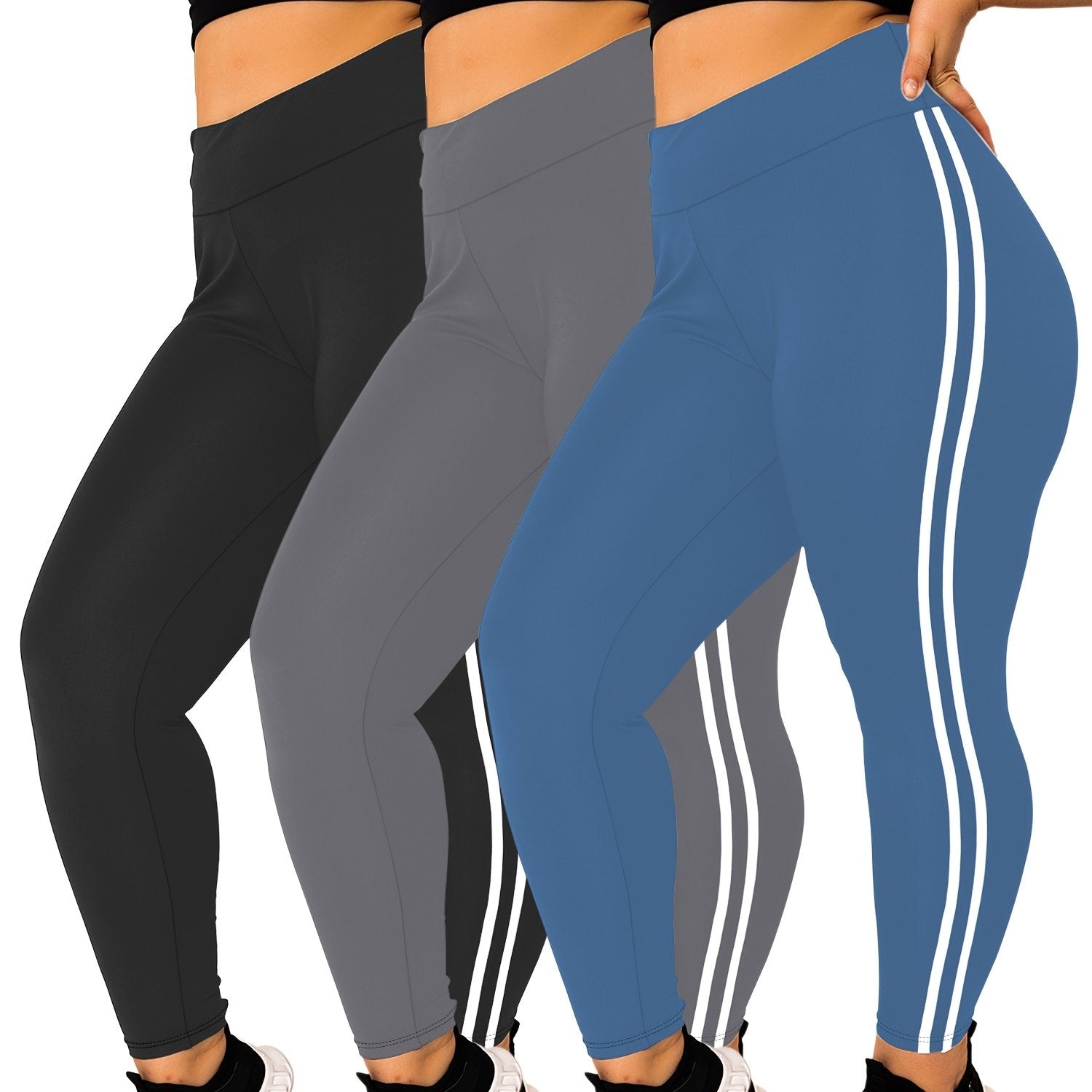 Plus Size High-Waisted Leggings 3-Pack with Side Stripes 4-Way Stretch