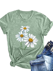 Women's Summer Floral Print T-Shirt Soft Pink Short Sleeve Breathable Top