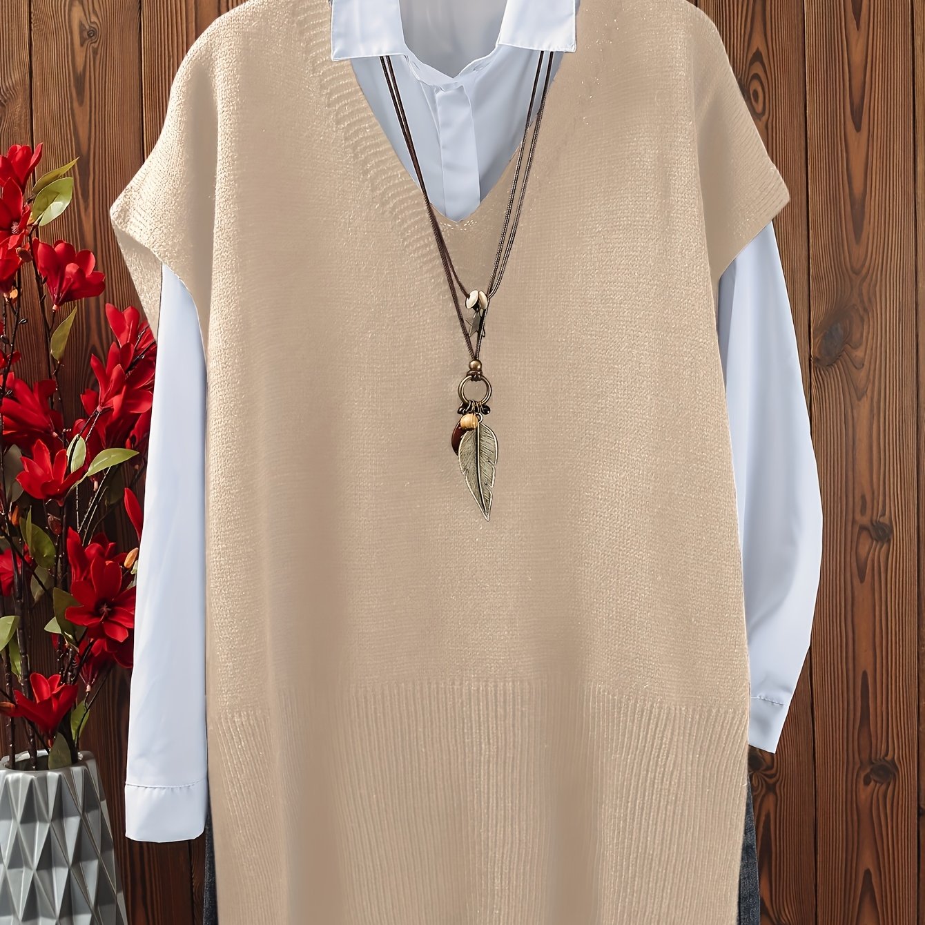 Katta o'lchamdagi ayollar uchun yirtqichlari bo'lgan bir rangli V-yuqori pullover.