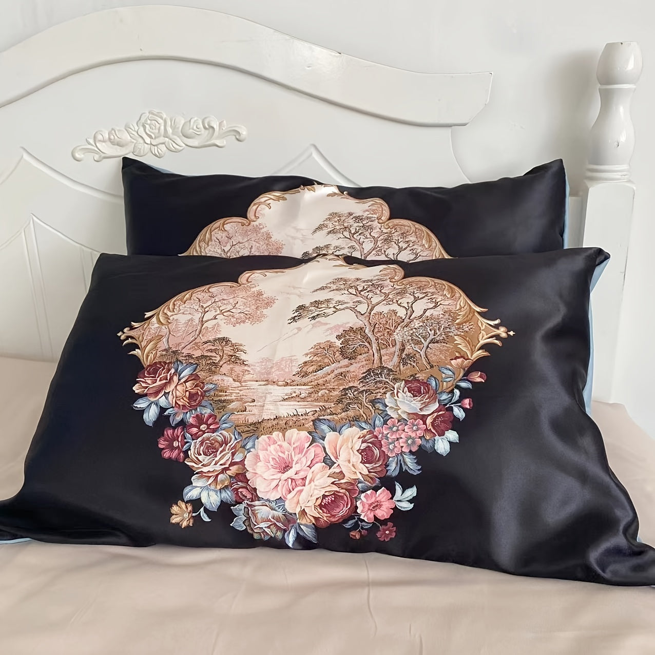 Set of 2 Satin Pillowcases with Floral Bird Patterns Reversible Envelope Closure