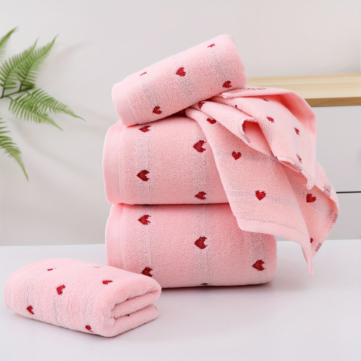 Cotton Bath Towel and Face Towel Set Thick Absorbent Peach Heart Style Home Use