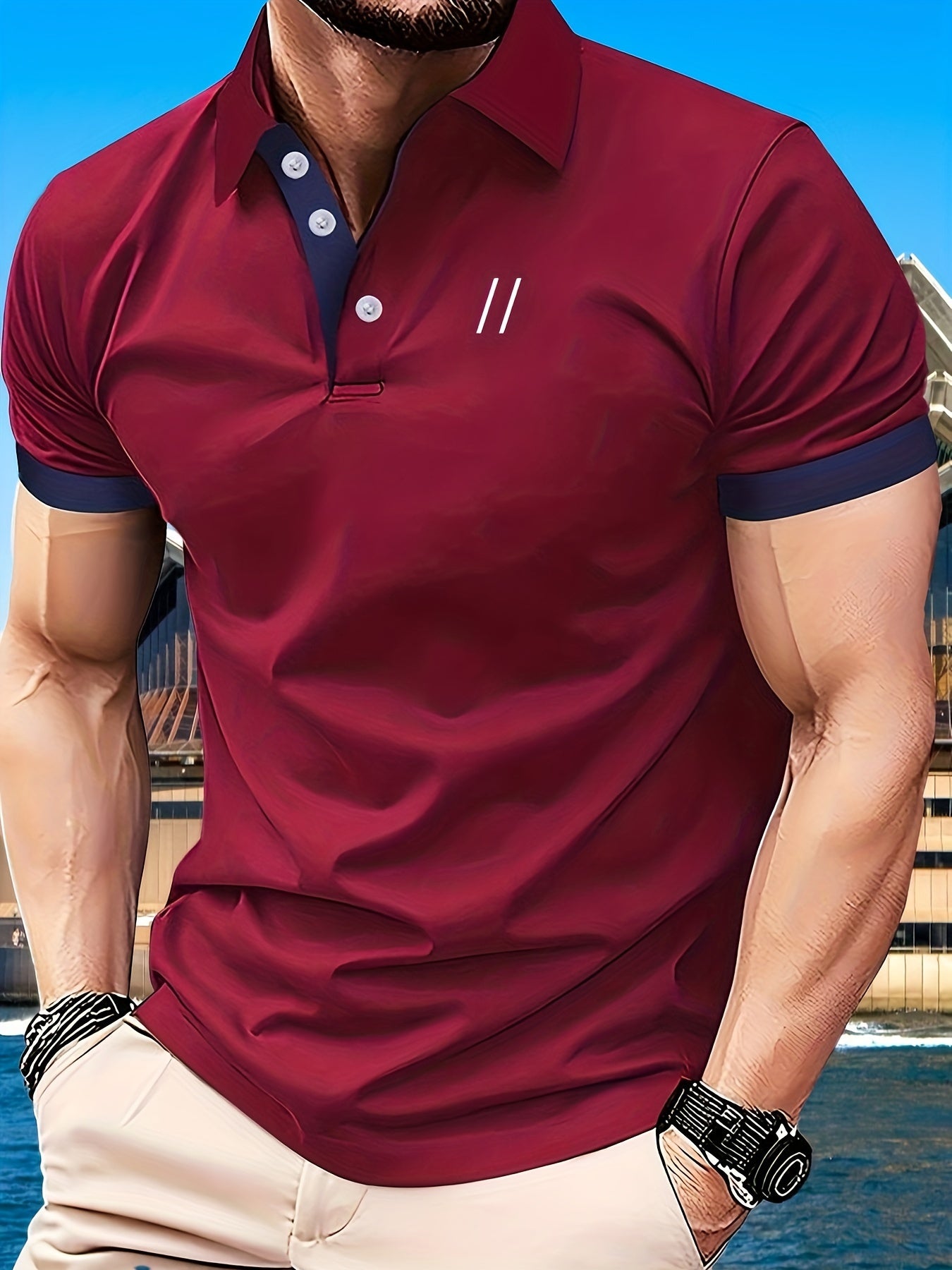 Men's Short Sleeve Athletic Polo Shirt Geometric Pattern Button Up Summer Casual