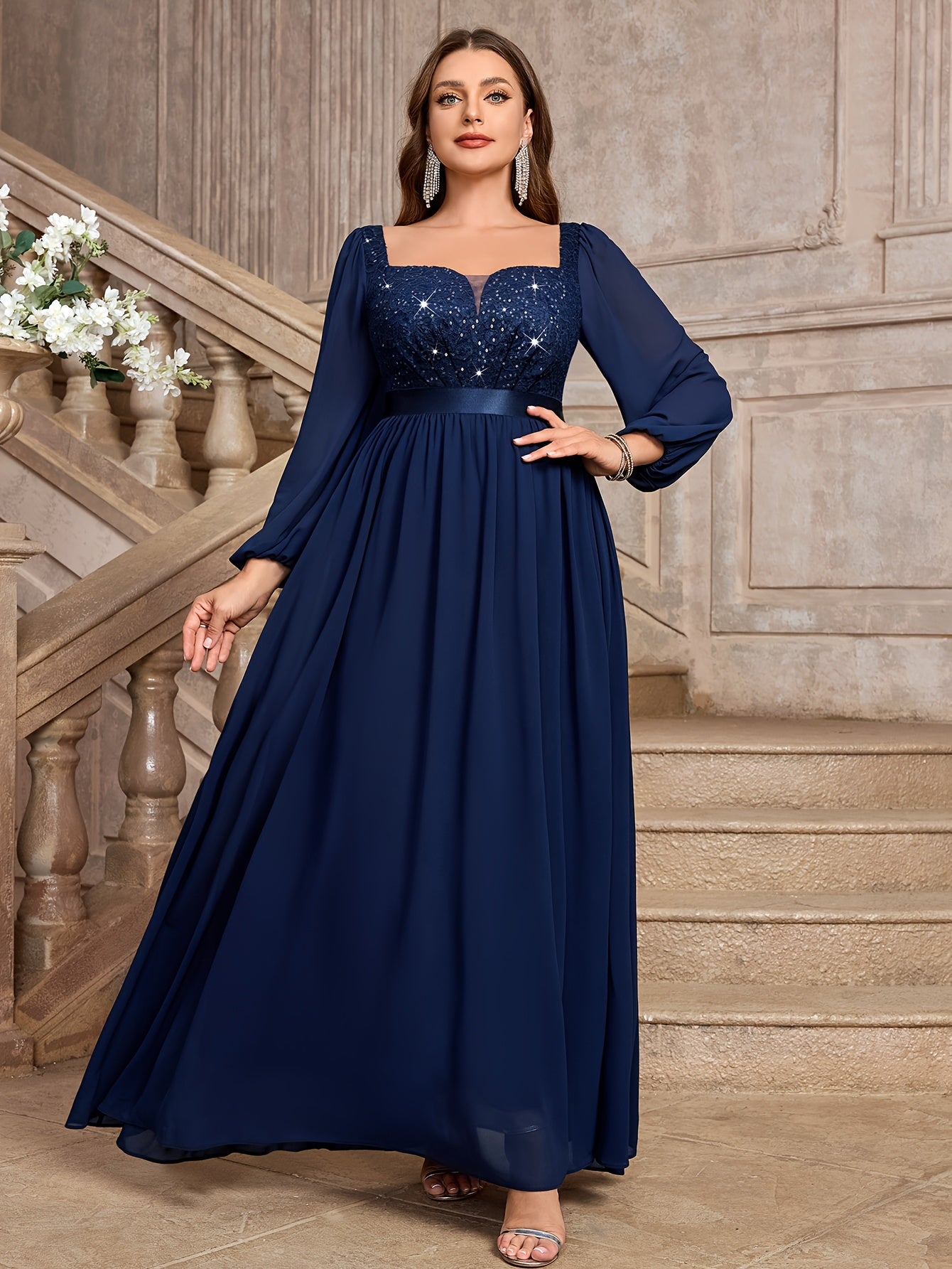 Plus Size Women's Sequin Lace Chiffon Evening Gown with Puff Sleeves