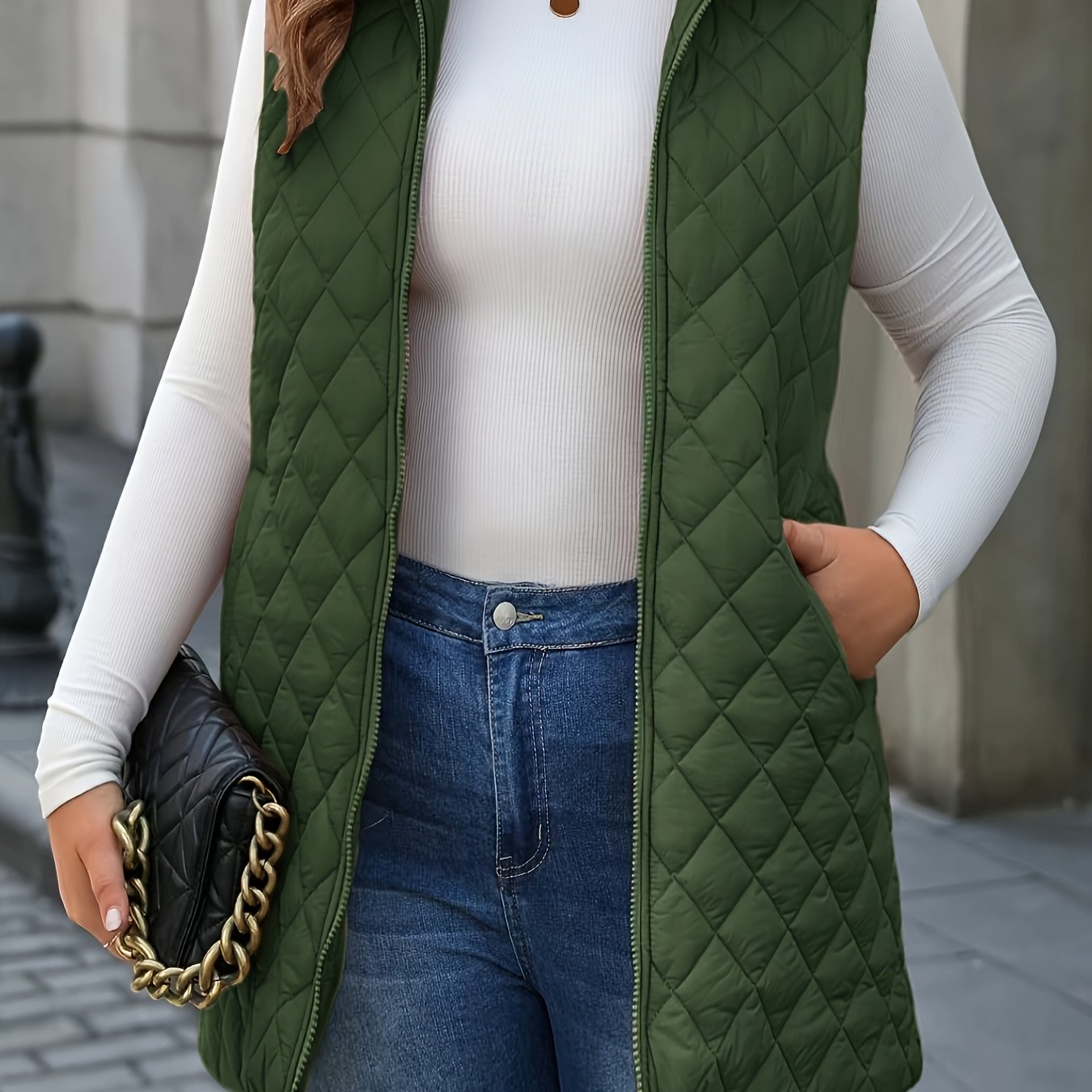 Plus-Size Quilted Vest with Stand Collar and Mid-Length Zip for Winter
