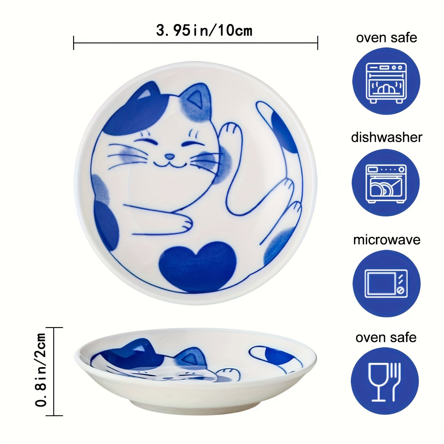 Set of 4 Japanese Ceramic Dessert Plates and Sauce Dishes with Lucky Cat Pattern