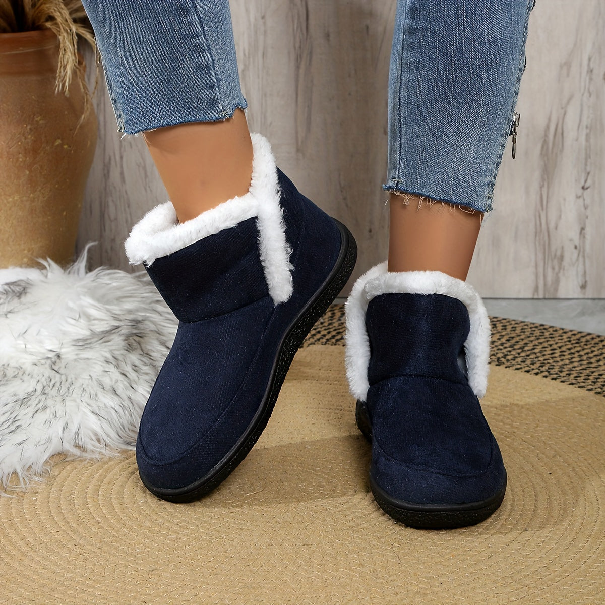 Women's Winter Plush Lined Slip-On Ankle Boots with Rubber Sole