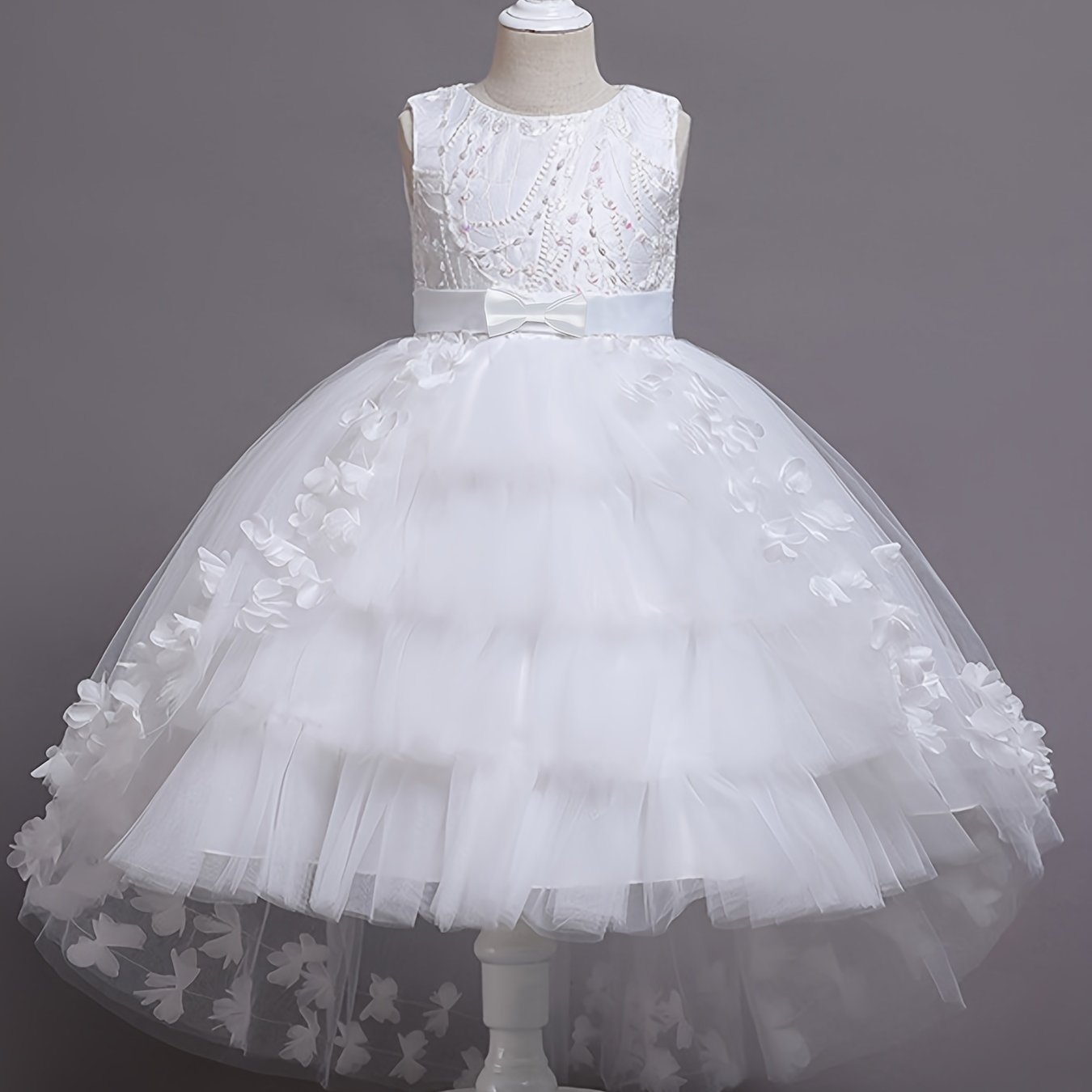 Girls Sleeveless Princess Dress with Lace Floral Embellishments and Flowing Tail for Pageants Weddings and Parties