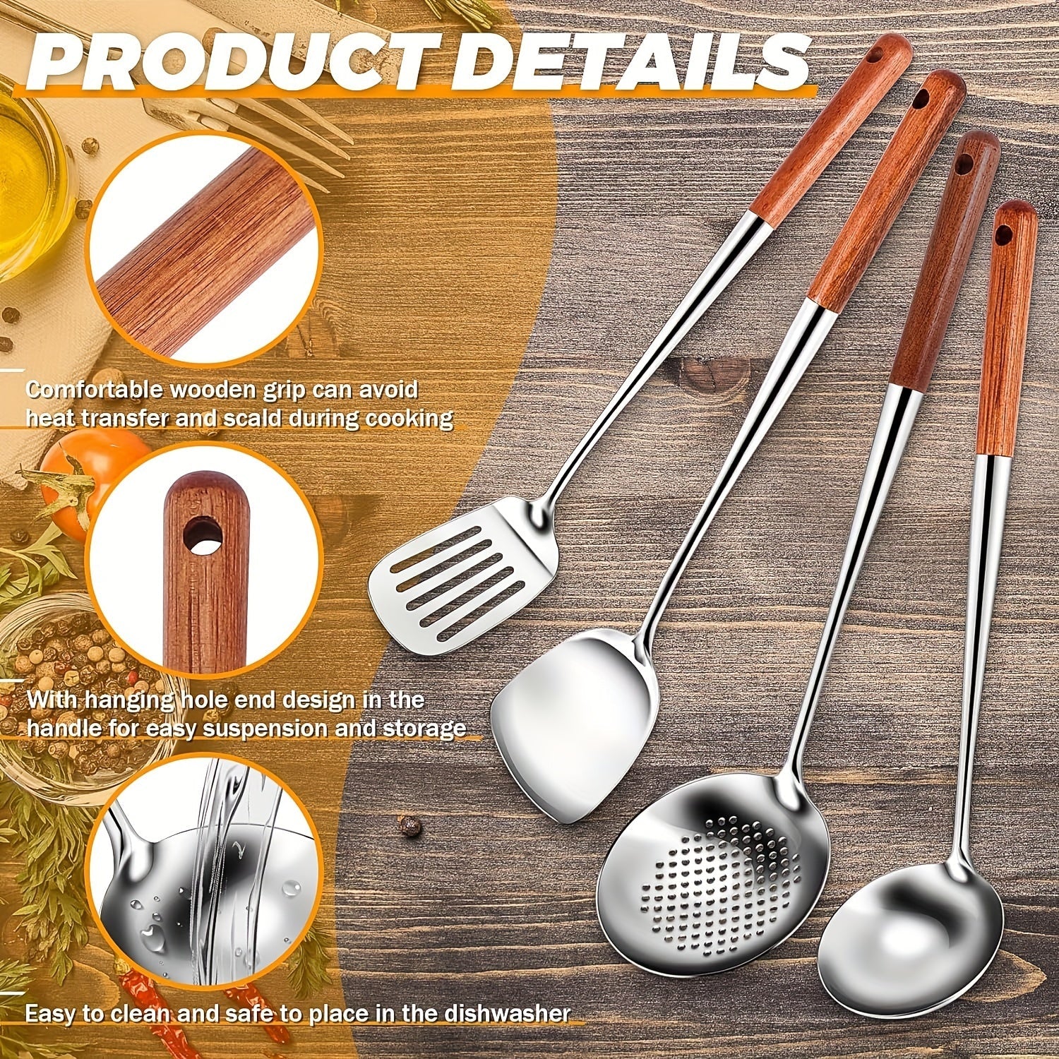 Set of 4 Stainless Steel Wok Utensils with Wooden Handles, 43cm Long, Heat-Resistant