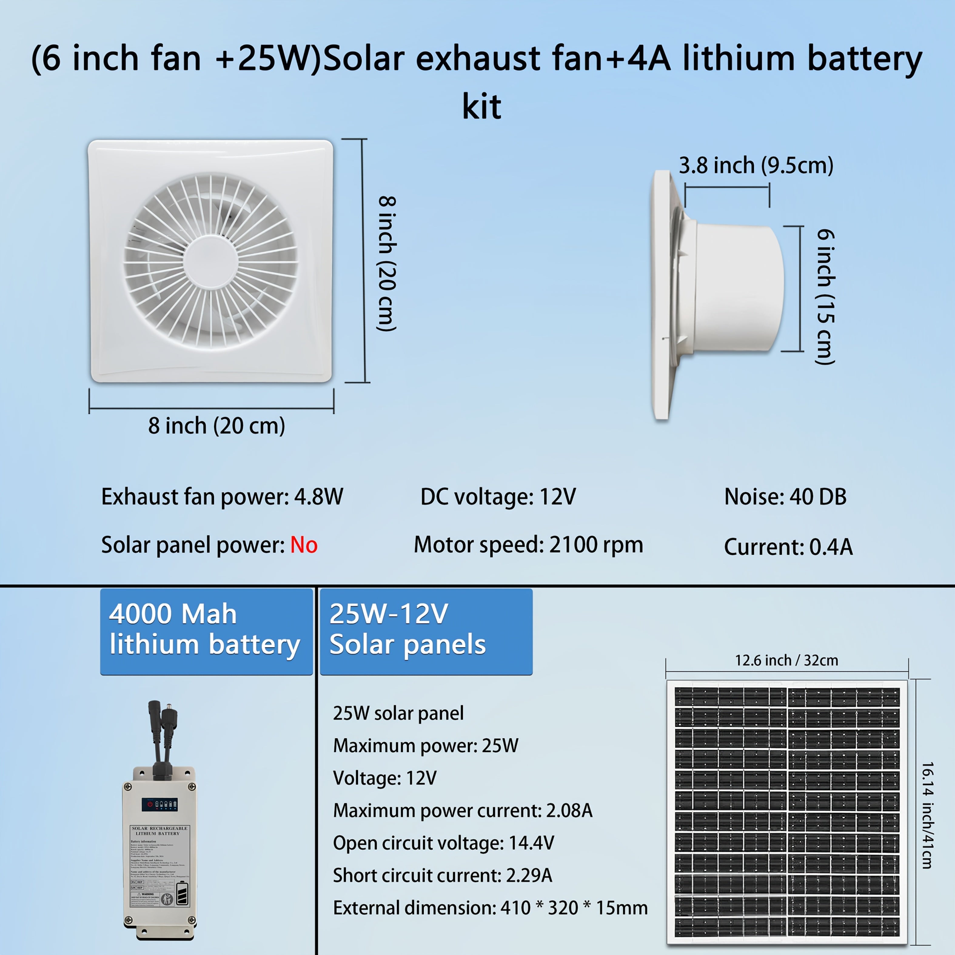 25W Solar-Powered Exhaust Fan with 4000mAh Battery for Greenhouses Sheds Chicken Coops Pet Houses