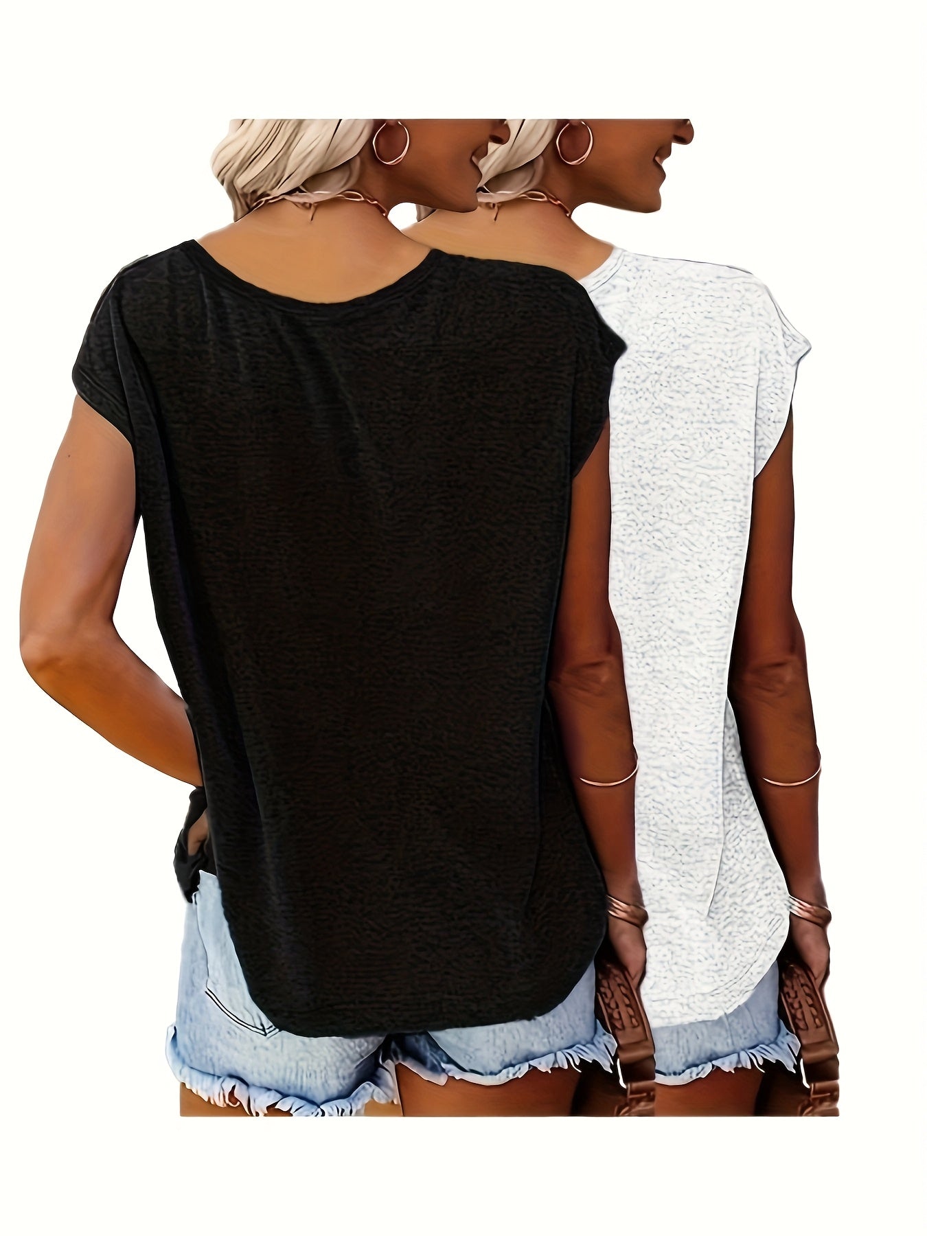 Ayollar uchun V-Yuynli T-shirtlar 2 ta paket Qisqa qoʻlli kundalik ko‘ylaklar Quyosh Oy grafiklari Oq Qora