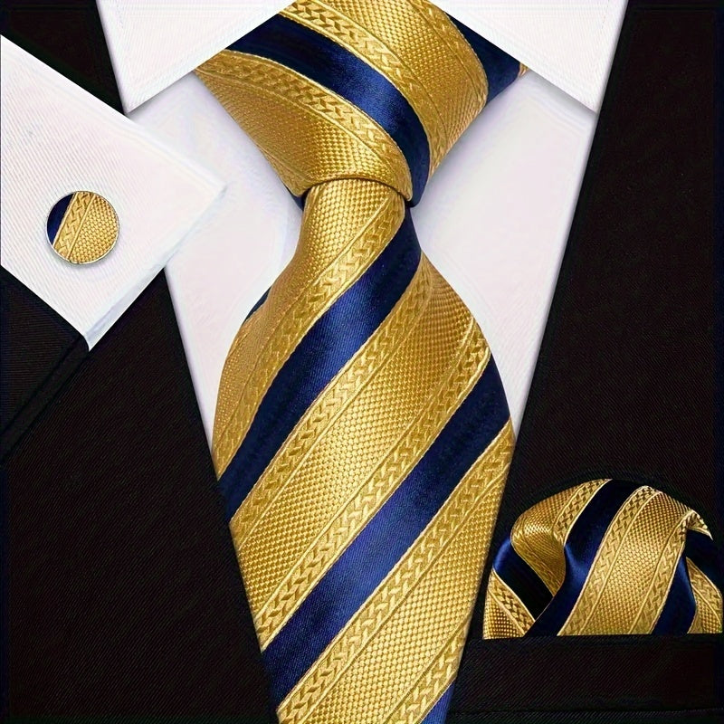 Men's Classic Striped Necktie Set with Cufflinks for Business Parties
