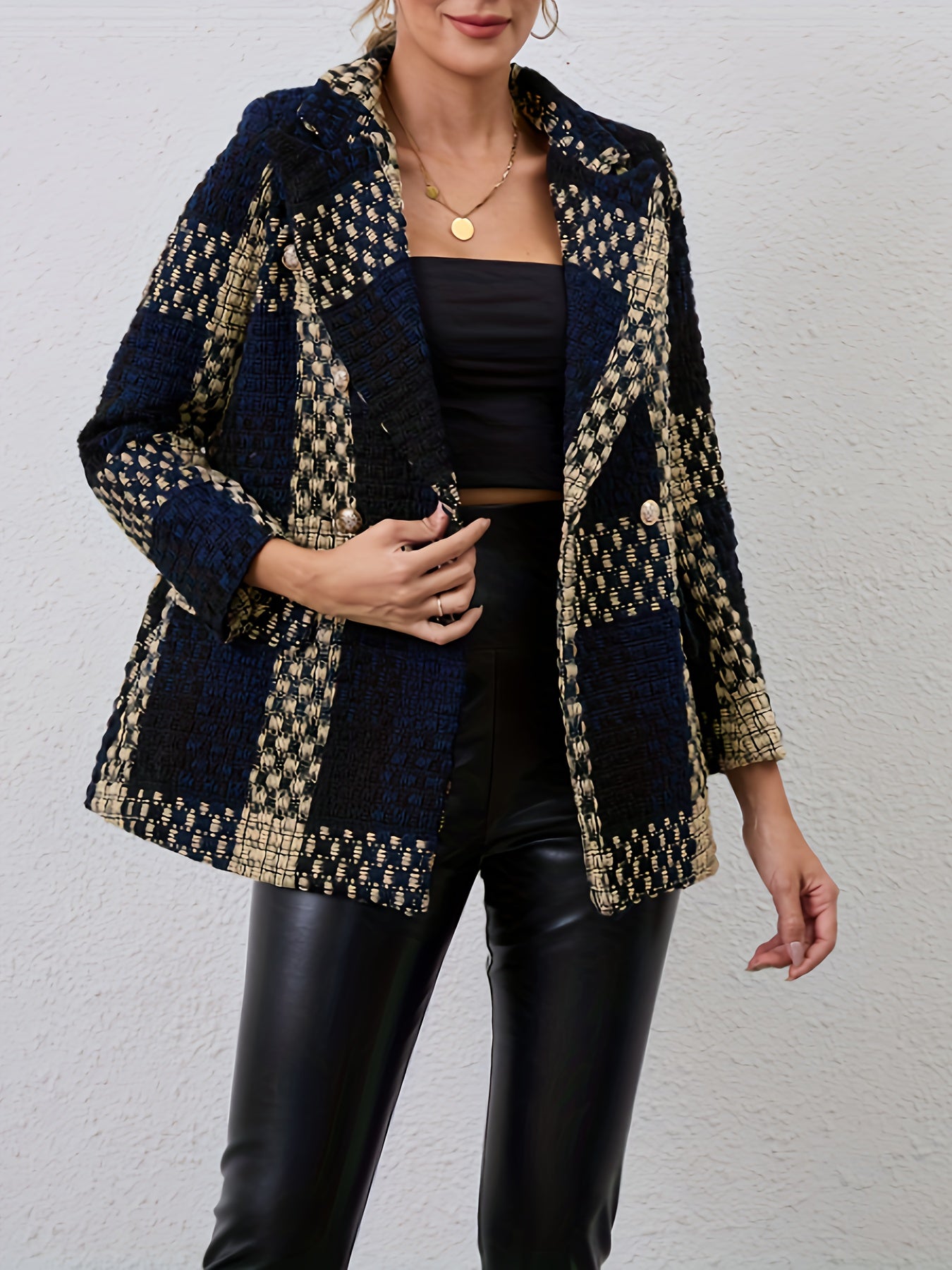 Women's Plaid Double-Breasted Blazer with Lapel Collar for Fall Winter