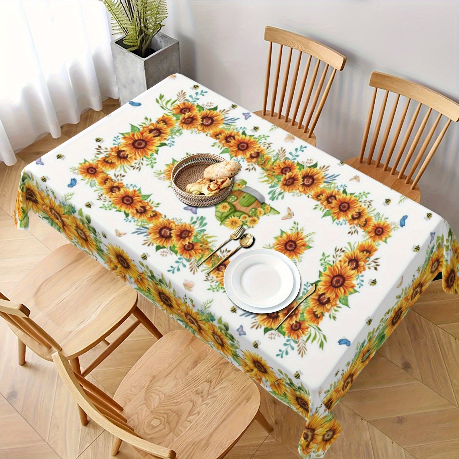 Sunflower Round Tablecloth with Floral Design Butterflies Bees Stain-Resistant Polyester Farmhouse Style for Kitchen Dining Picnic