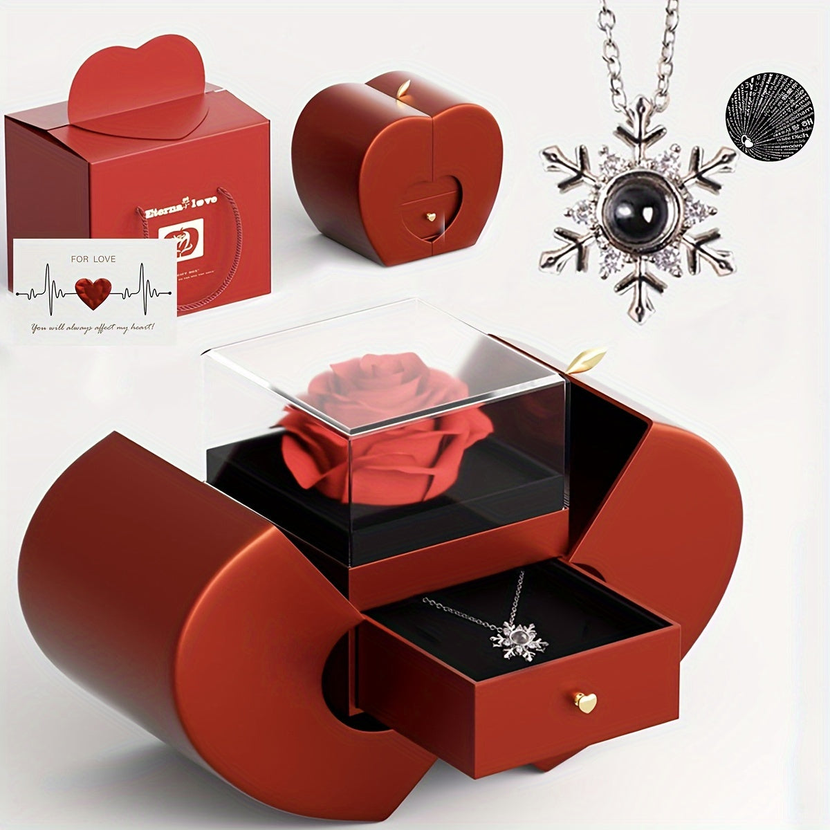 Snowflake Projection Necklace Jewelry Set with Red Rose Gift Box for Women