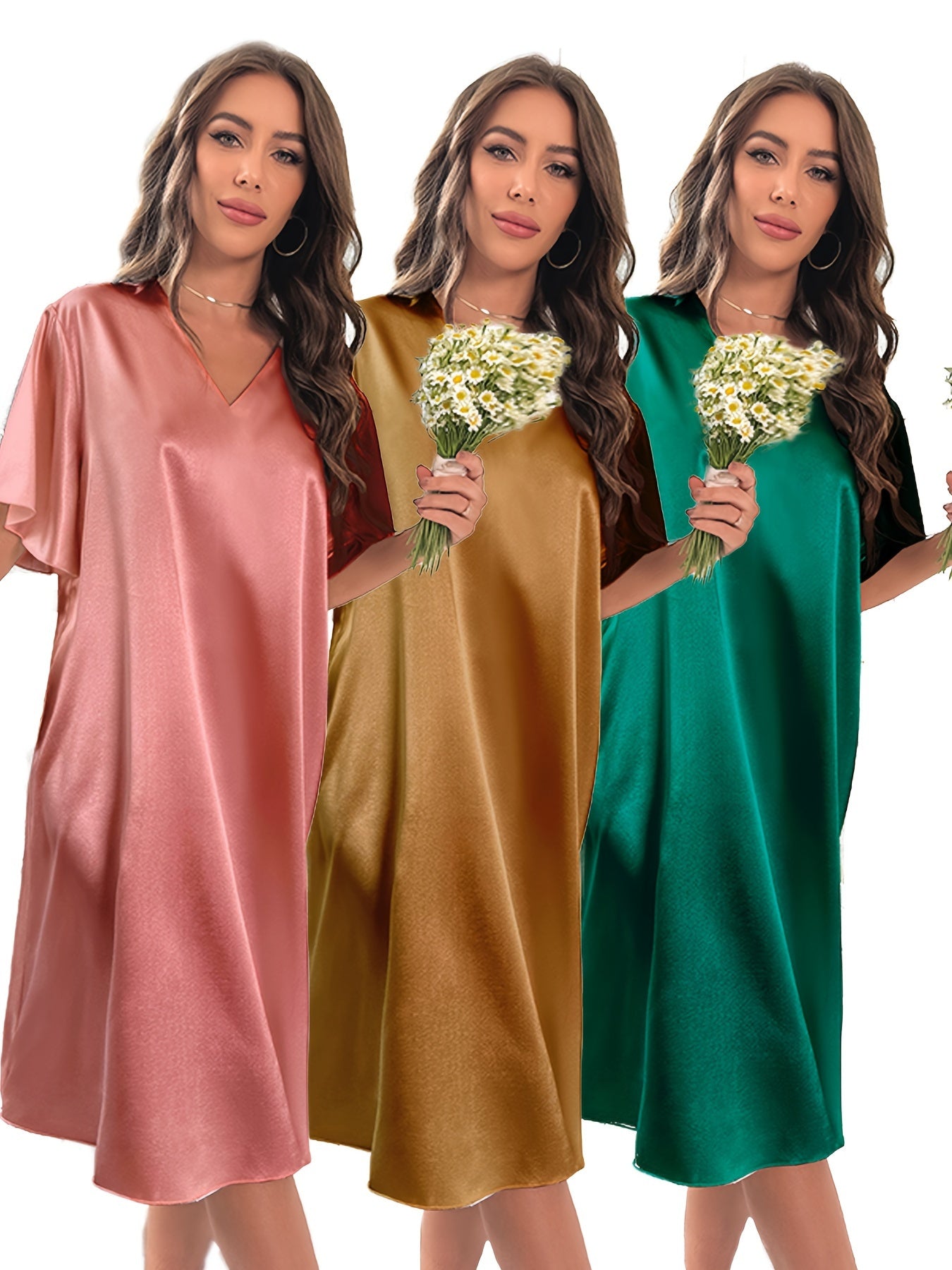 Plus Size Summer Satin Nightgown 3-Piece Set Loose Fit Short Sleeve Blue