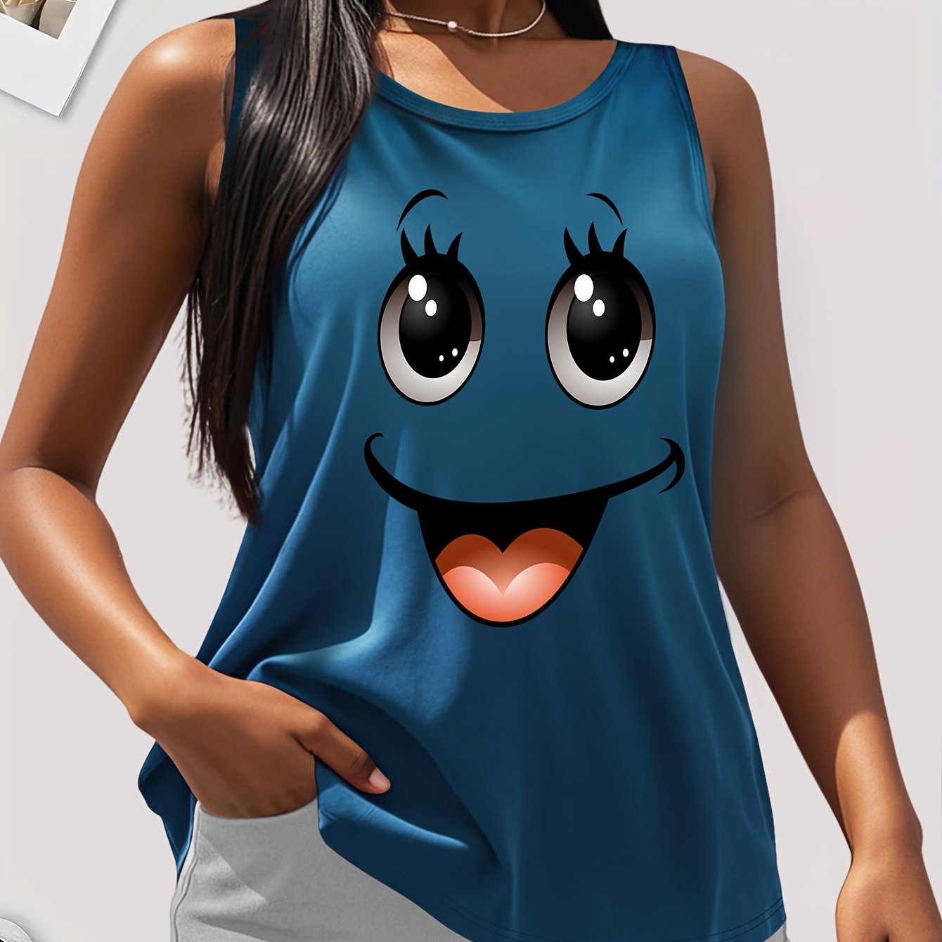 Plus Size Women's Cotton Tank Top With Smile Face Print Sleeveless Casual Summer Fashion