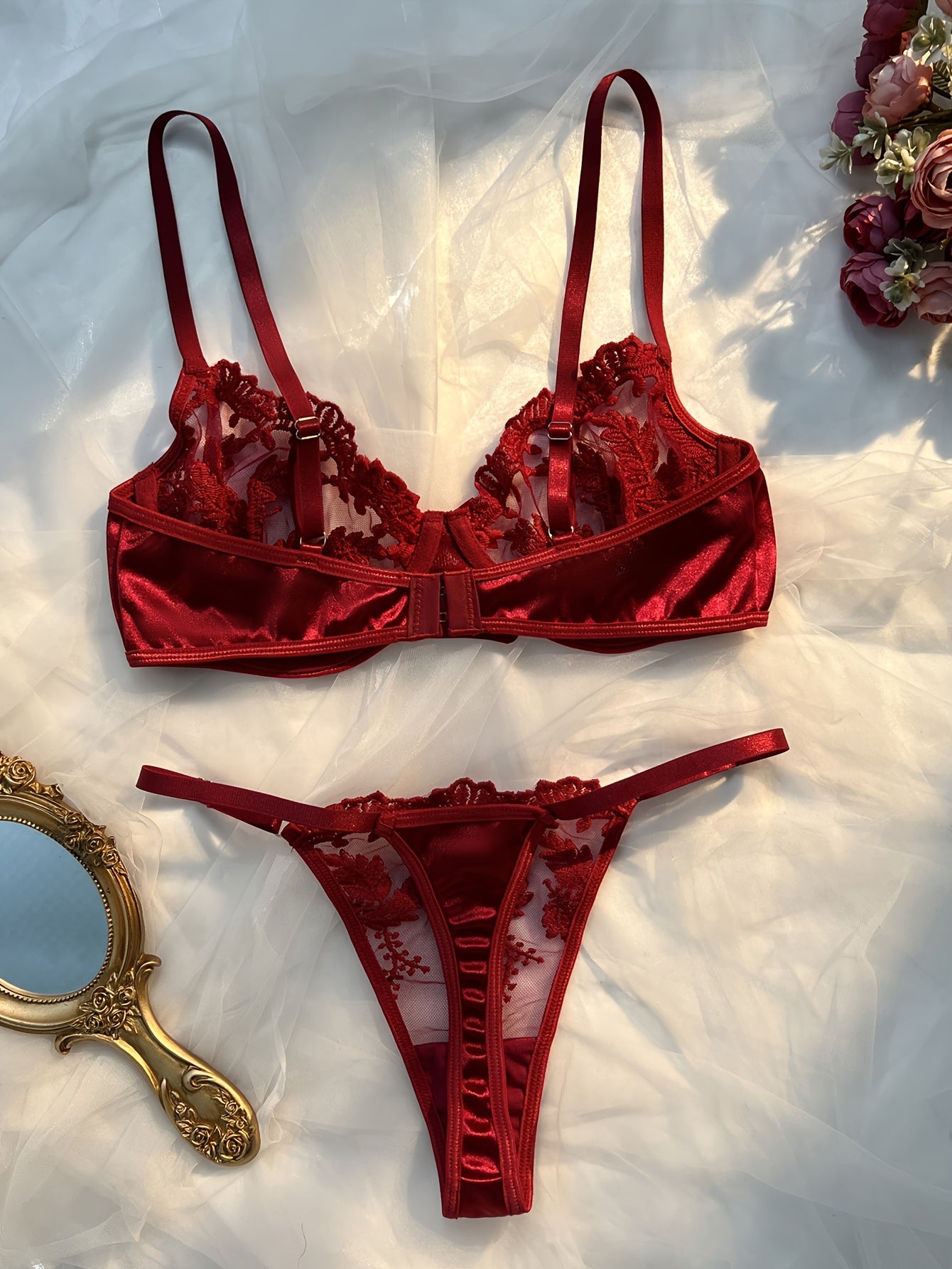 Women's Burgundy Floral Embroidered Lingerie Set Polyester Elastane Knit Medium Support No Padding Thong Drop Waist