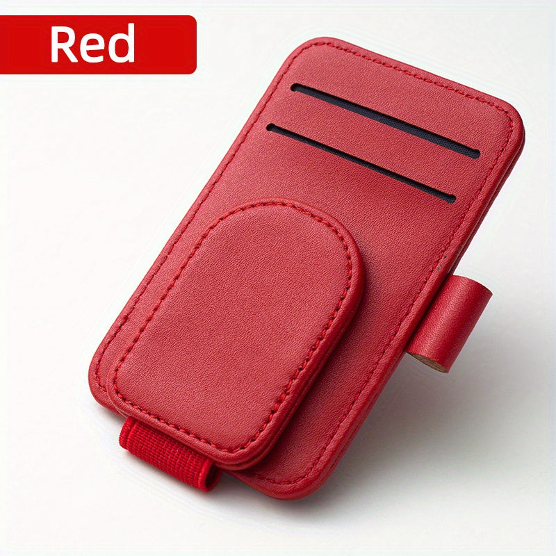 Faux Leather Car Sunglass Holder with Magnetic Clip and Card Storage
