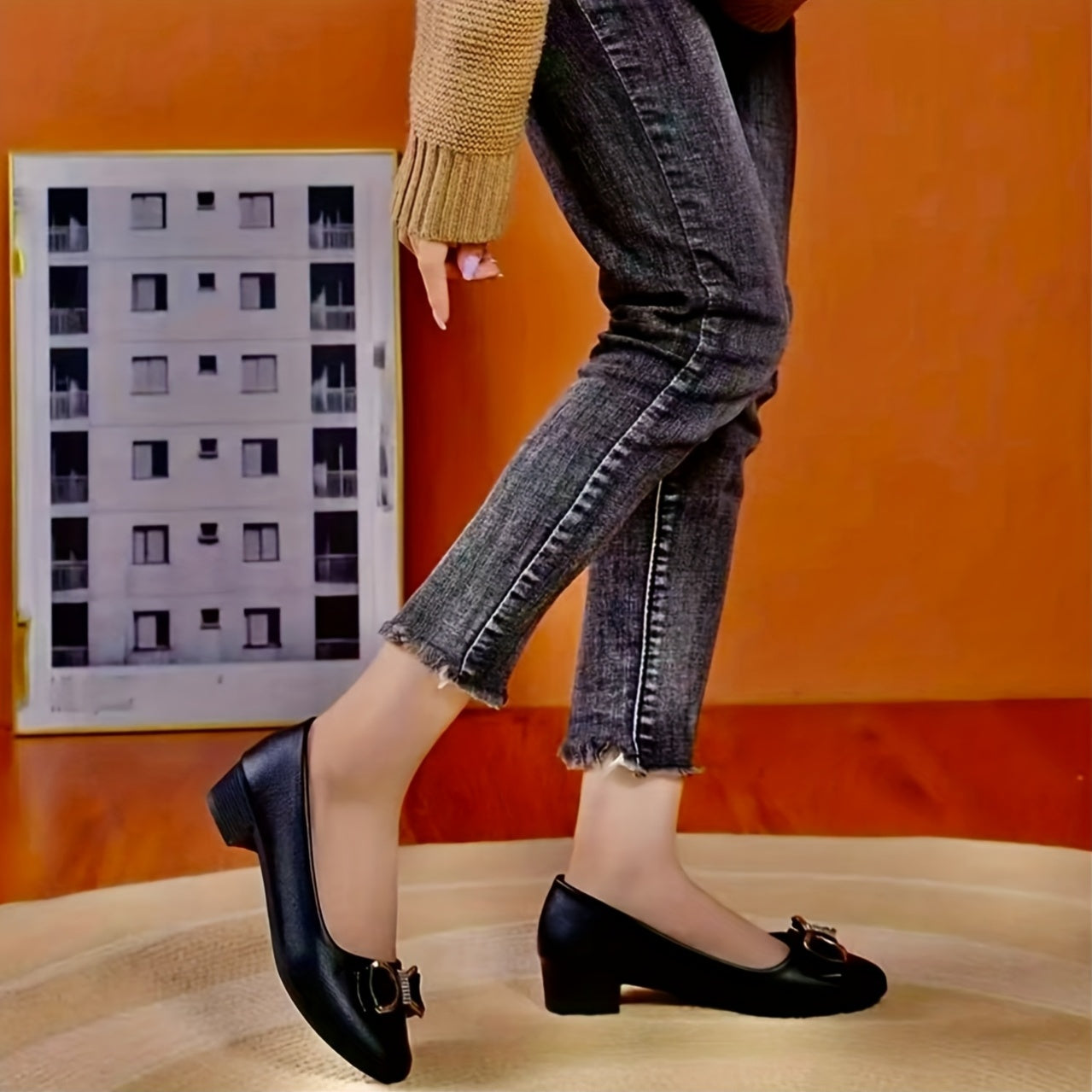 Women's Black Pointed Toe Block Heel Pumps with Sparkling Bow for Work and Formal Events